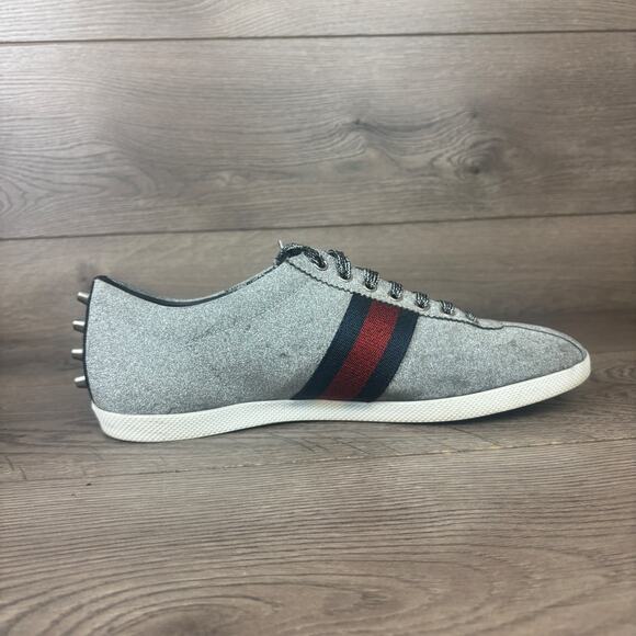 GUCCI 414684 Bambi Web Glitter Stud Silver Sneakers Men's 11.5 Low Top Shoes - Picture 7 of 16